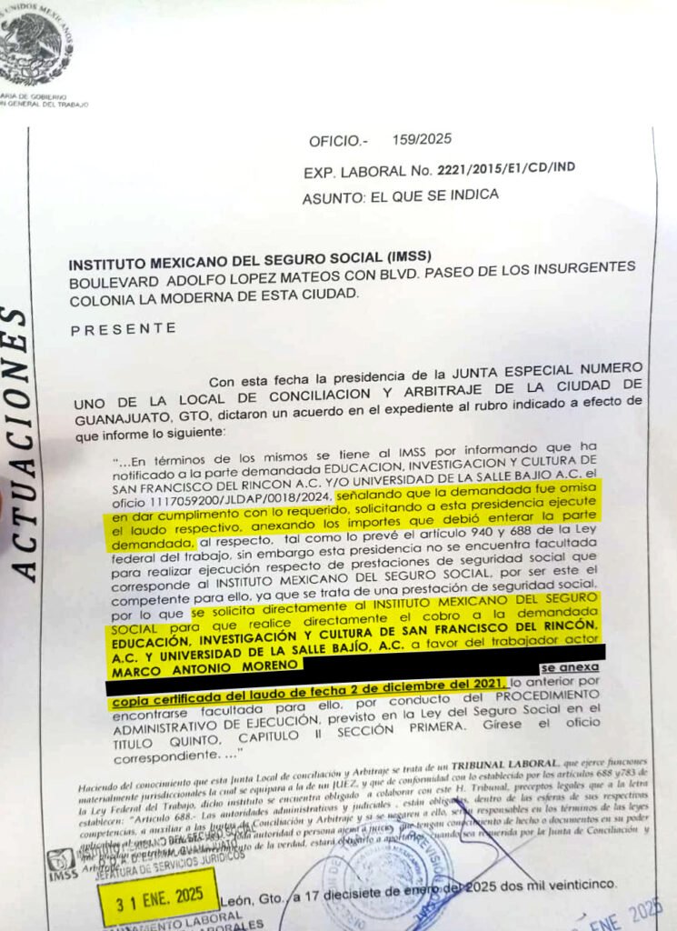 Orden de Junta de Conciliación y Arbitraje del 31 de enero de 2025.