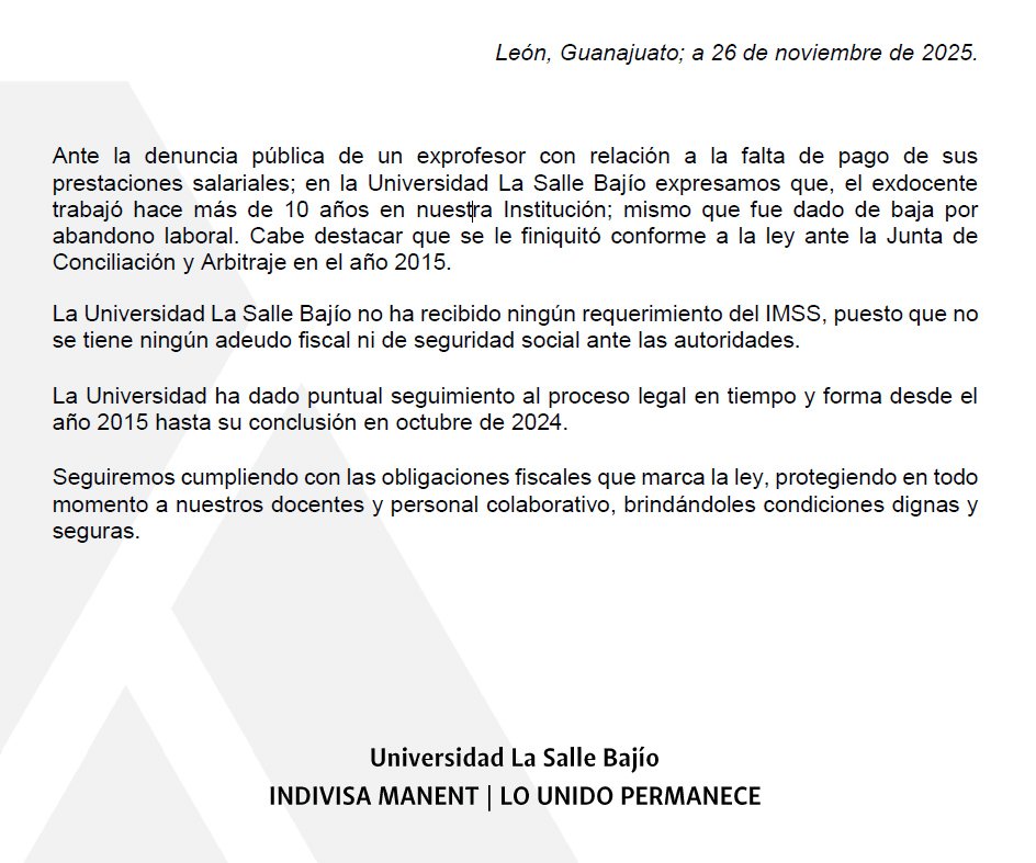 Postura de la Universidad La Salle ante el caso con su exprofesor.